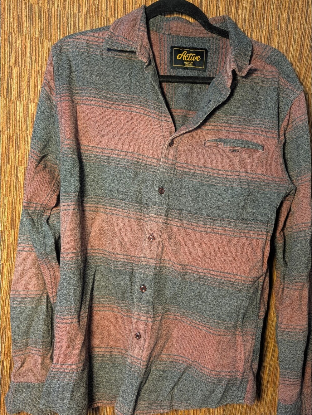 Active Men's Medium Cotton Button-Up Shirt in Pink and Gray Stripes